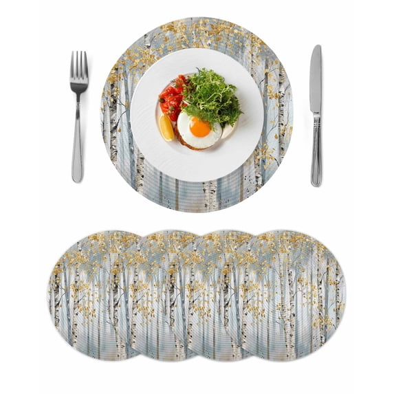 Yellow Grey Forest Round 15 Inch Placemats Set of 4, Grey Modern Art Oil Painting HeatResistant Non Slip Place Mats for Dining Table, Wipeable Braided Kitchen Table Mats for Housewarming