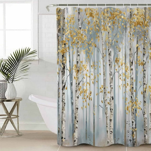 Yellow Grey Forest Waterproof Fabric Shower Curtain, Grey Modern Art Oil Painting Shower Curtain for Bathroom Curtains Bathtubs Hotel Washable Shower Curtains with 12 Hooks Small 36x78in