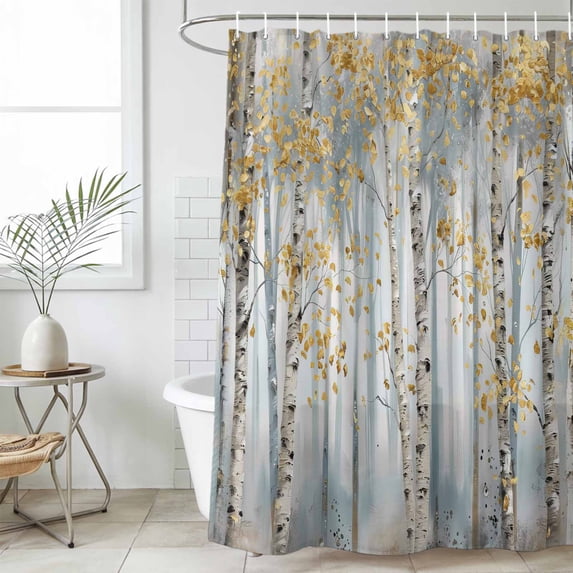 Yellow Grey Forest Waterproof Shower Curtain, Stall 36"x78" Washable Polyester Fabric Shower Curtains for Bathroom, Grey Modern Art Oil Painting Decorative Bathtub Curtain Sets with Hooks