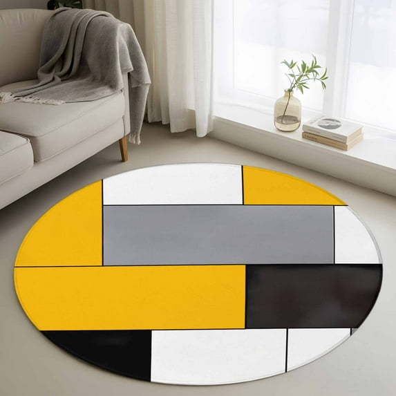 Yellow Grey Geometric 4ft Round Rug, Modern Black White Abstract Art Non-Skid Rubber Backing Large Area Rugs - Living Room Bedroom Home Office, Indoor Floor Mat Carpets Washable Rug