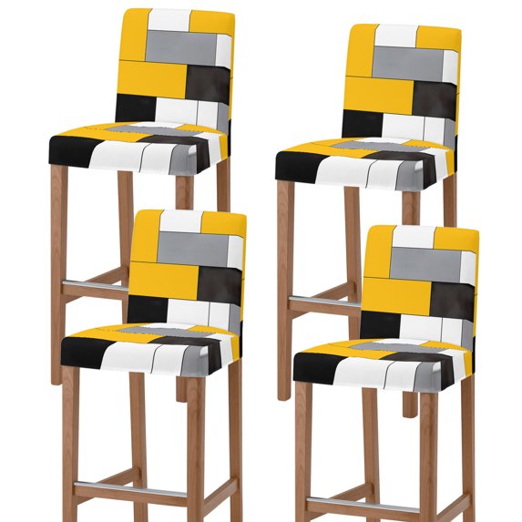 Yellow Grey Geometric Bar Stool Cover Set of 4, Modern Black White Abstract Art Stretch Bar Chair Cover, Removable Washable Pub Counter Stool Chair Slipcover for Kitchen Dining Room Pub Cafe