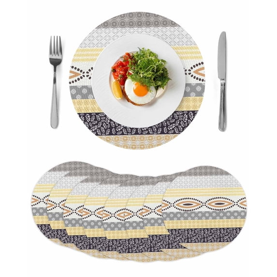 Yellow Grey Geometric Round 13 Inch Placemats Set of 8, Boho Vintage Country Flowers Leaves HeatResistant Non Slip Place Mats for Dining Table, Wipeable Braided Kitchen Table Mats for Housewarming