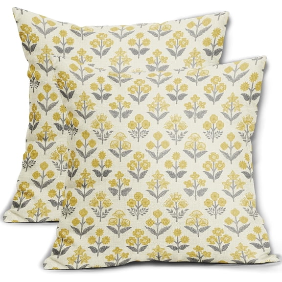 Yellow Grey Gray Floral Block Print Pillow Covers 18x18 Inch Set of 2, Vintage Flower Pattern Decorative Throw Pillowcases Outdoor Farmhouse Cushion Covers Spring Summer Rustic Sofa Couch Bed Decor