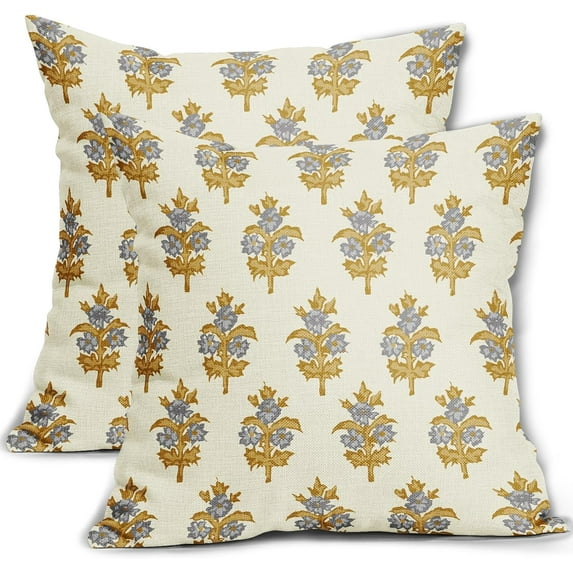 Yellow Grey Gray Floral Pillow Covers 16x16 Set of 2 Spring Summer Flower Leaves Print Decorative Throw Pillow Cases Outdoor Farmhouse Decoration for Sofa Couch Bed