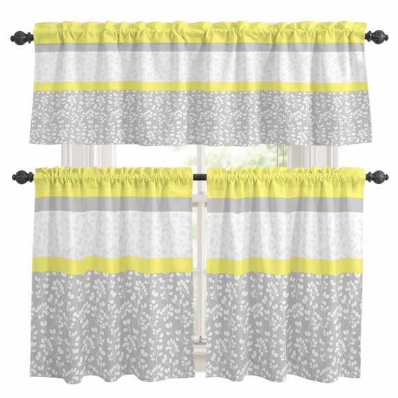 Yellow Grey Kitchen Curtains Sets for Windows 36 Inch Length, Chic Garden Floral Stripe Embroidery Design Rod Pocket Window Treatments Tier Curtains and Valances Set for Bedroom/Bathroom