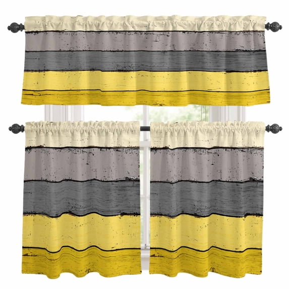 Yellow Grey Kitchen Curtains Sets for Windows 36 Inch Length, Vintage Stripe Farmhouse Wood Grain Ombre Rod Pocket Window Treatments Tier Curtains and Valances Set for Bedroom/Bathroom