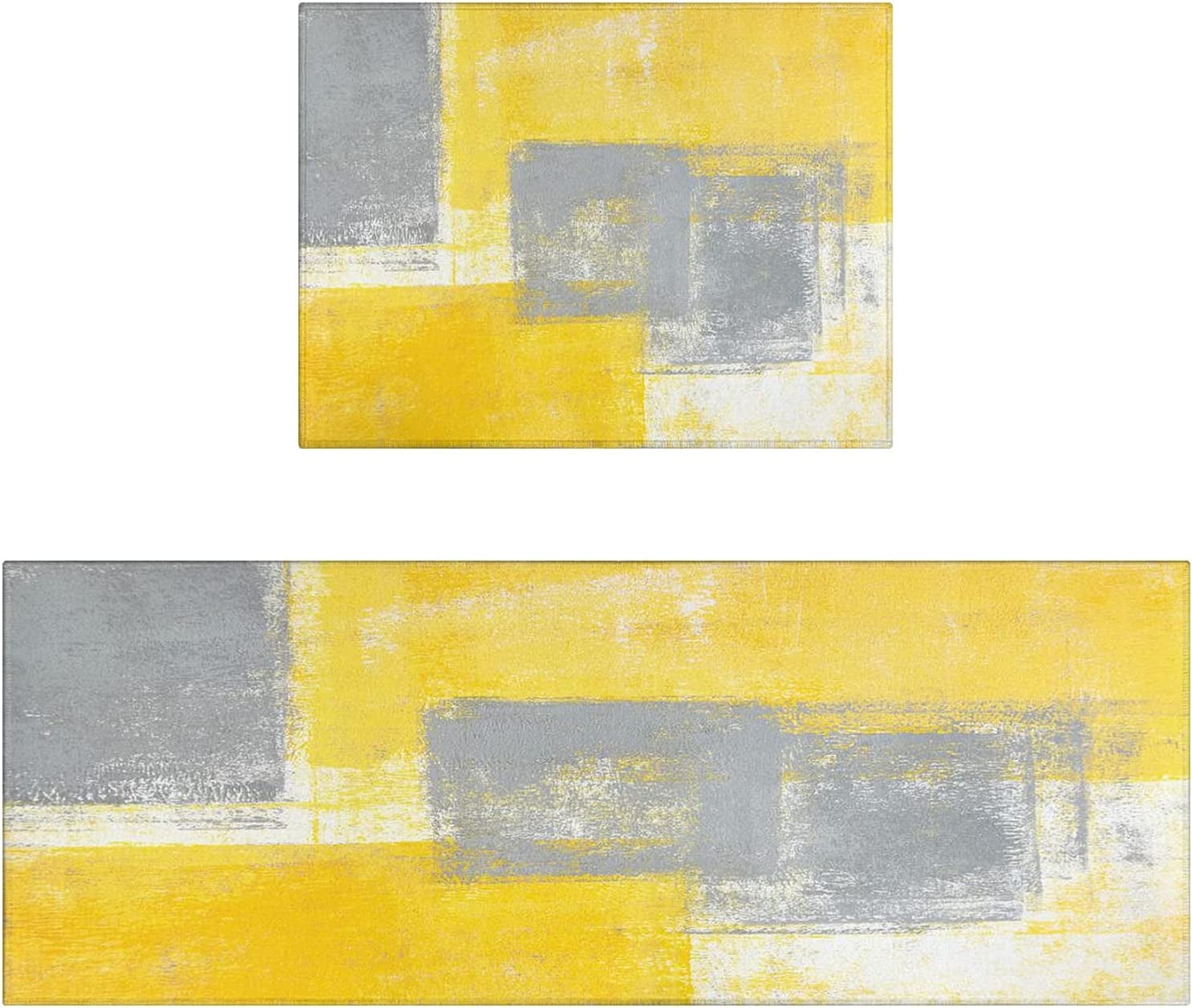 Floral Yellow & Grey NonSlip Thick 2 Piece Kitchen Rug Mat Set with