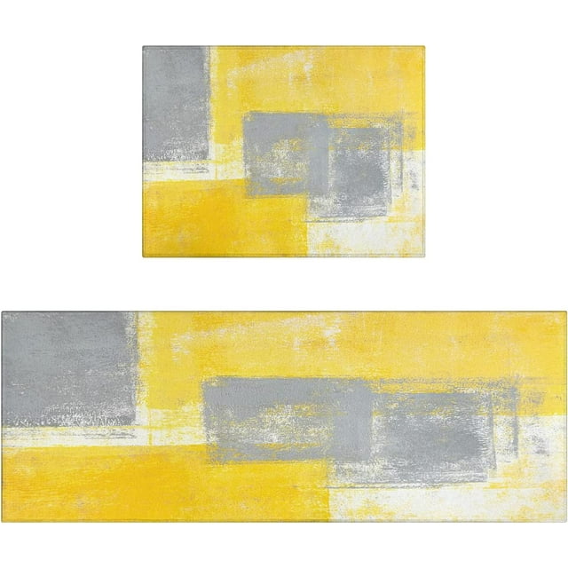 Floral Yellow & Grey NonSlip Thick 2 Piece Kitchen Rug Mat Set with
