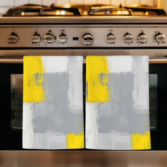 Yellow Grey Kitchen Towels Set of 1, Abstract Geometric Oil Painting Vintage Gradient Absorbent Dish Towels for Kitchen, Microfiber Hand Towel, Quick Drying Tea Towel for Cleaning Dishcloths