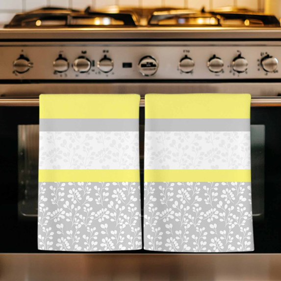 Yellow Grey Kitchen Towels Set of 3, Chic Garden Floral Stripe Embroidery Design Absorbent Dish Towels for Kitchen, Microfiber Hand Towel, Quick Drying Tea Towel for Cleaning Decorative Dishcloths