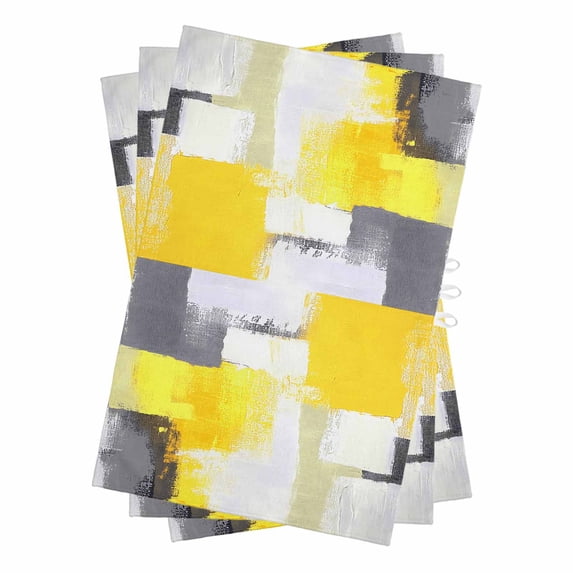Yellow Grey Kitchen Towels Set of 3, Water Absorbent Dish Towel, Modern Abstract Art Geometric Oil Painted Decorative Hand Towels - Quick Drying Cloth for Cooking Baking, 18x28 Inch