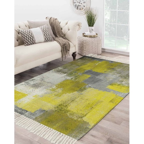 Yellow Grey Large Area Rug 4x6ft Woven Runner Rug,Modern Oil Painted Abstract Art Aesthetics Washable Living Room Bedroom Kitchen Bathroom Classroom Carpet with Tassels,Indoor Outdoor Throw Door Mat