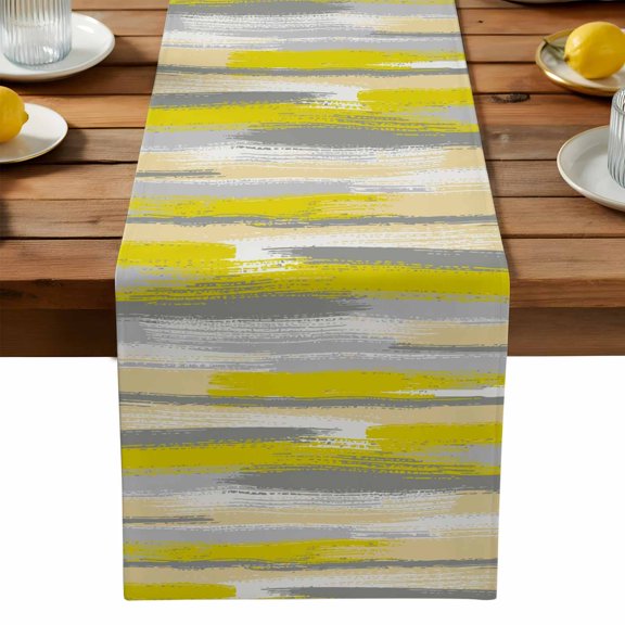 Yellow Grey Lines Table Runner, Abstract Mottled Paints Graffiti Texture Washable Kitchen Table Runners Dress Scarves for Dining Table Decorations Party, 13x108in