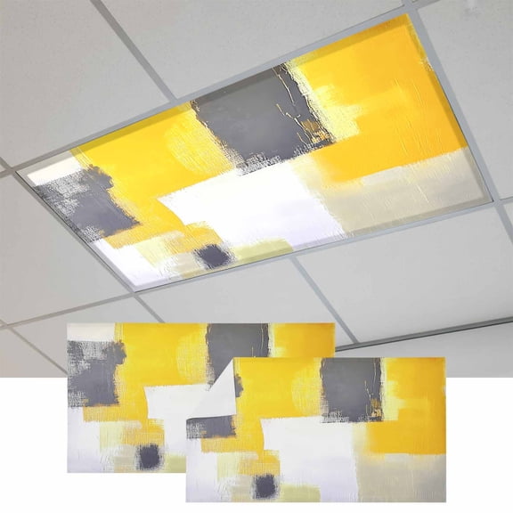 Yellow Grey Magnetic Fluorescent Light Covers for Ceiling Lights 2x4Ft, Modern Abstract Oil Painted Geometric Office Classroom Kitchen Drop Ceiling Light Covers Lighting Filters Shade Panel 2 Packs