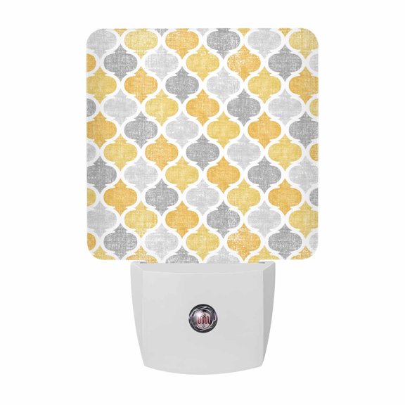 Yellow Grey Moroccan Tiles LED Night Light, Vintage Geometric Blocks Pattern Night Lights plug into Wall with Smart Sensor Dusk to Dawn Sensor for Nursery Bedroom 2.95x4.5in