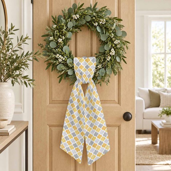 Yellow Grey Moroccan Tiles Wreath Sash, Vintage Geometric Blocks Pattern Decorative Ribbon Wreath Sash for Front Door, Porch Indoor Holiday Decor