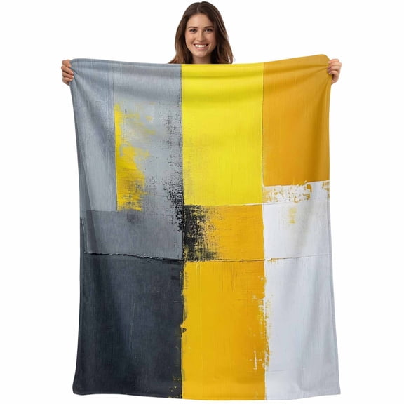Yellow Grey Oil Painted Blanket Soft Cozy Warm Throw Blanket for Couch, Plush Fuzzy Flannel Fleece Blankets for Sofa, Art Color Block Abstract Style Bed Blankets Lightweight Gifts for Women, 30"x40"
