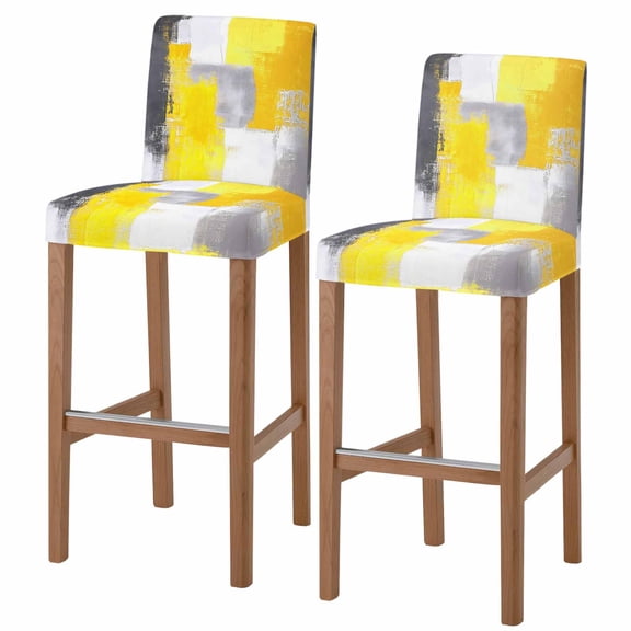 Yellow Grey Oil Painting Bar Stool Cover Set of 2, Abstract Modern Geometric Stretch Bar Chair Cover, Removable Washable Pub Counter Stool Chair Slipcover for Kitchen Dining Room Pub Cafe