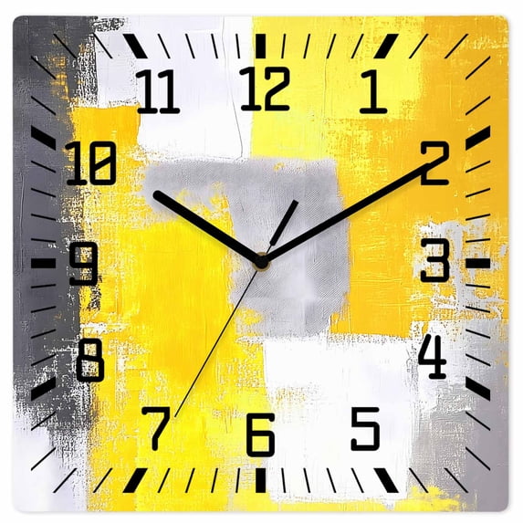 Yellow Grey Oil Painting Wooden Wall Clock Silent Non Ticking, Abstract Modern Geometric Square Wall Clocks Battery Operated, Decor Clock for Home Office, Living Room, Kitchen, 10 Inch