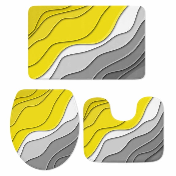 Yellow Grey Ombre Bath Mat 3 Piece Bathroom Rug Set, Modern Geometric Abstract Aesthetics Cream Non Slip Bath Rug Contour Mat and Toilet Lid Cover, Absorbent Shower Mats Soft Bath Rugs and Mats Sets