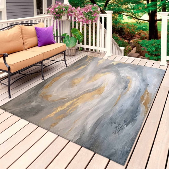 Yellow Grey Ombre Outdoor Rug for Patio/Deck/Porch, Non-Slip Large Area Rug 5 x 7 Ft, Modern Marble Ink Painting Abstract Indoor Outdoor Rugs Washable Area Rugs, Reversible Camping Rug Carpet Runner