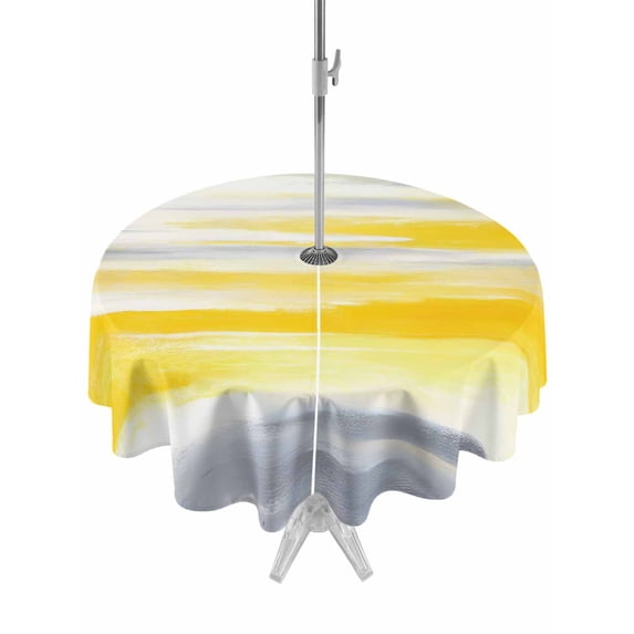 Yellow Grey Ombre Outdoor Tablecloth with Umbrella Hole, Abstract Art Oil Painting Rustic Modern Spillproof Waterproof Outdoor Table Cover, Patio Tablecloths for Party/Garden/Picnic, Round 60 inch