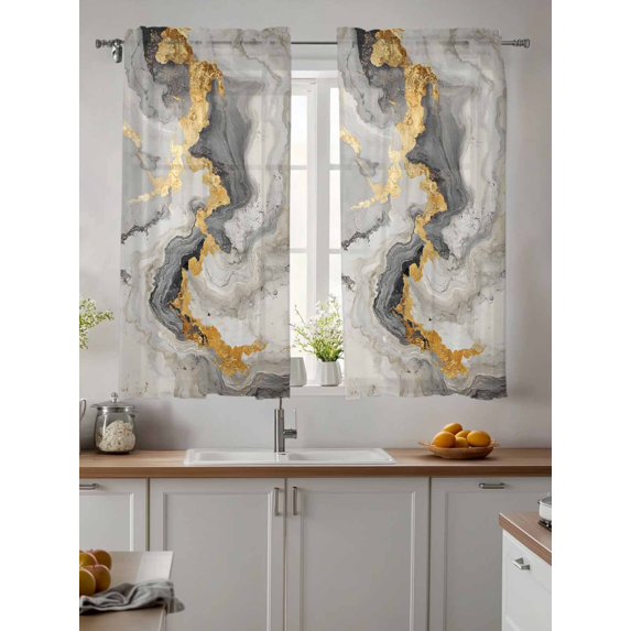 Yellow Grey Ombre Sheer Kitchen Tier Curtains 45 Inch length,Rod Pocket Half Curtains & Drapes,Modern Marble Ink Painting Light Filtering Chiffon Cafe Bathroom Window Treatments 2 Pcs 27.5"W x 45"L