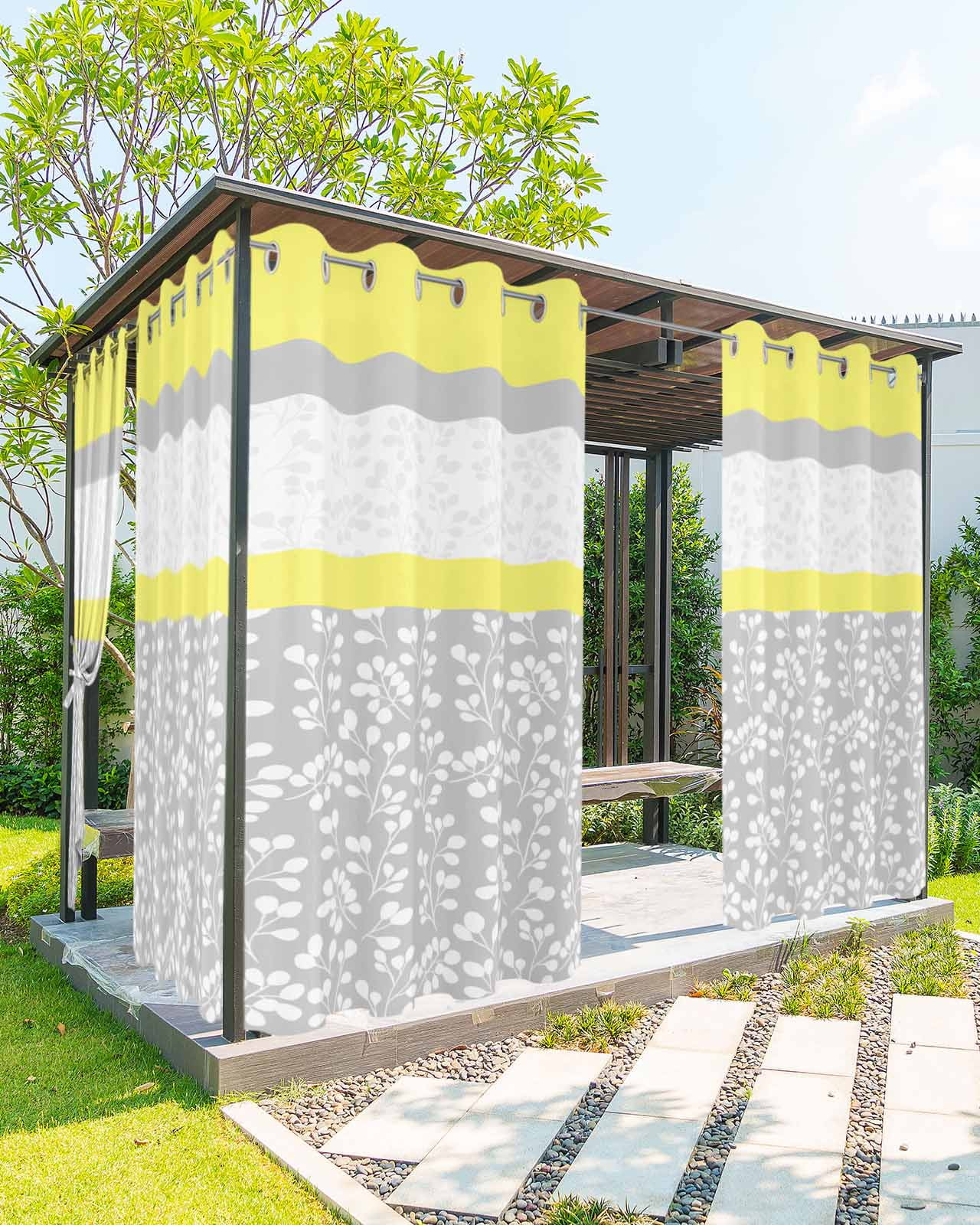 Yellow Grey Outdoor Curtains for Patio, Chic Garden Floral Stripe Embroidery Design Privacy Drapes Grommet Waterproof Outside Curtains for Porch/Cabana/Balcony 54"x 108", 1 Panel