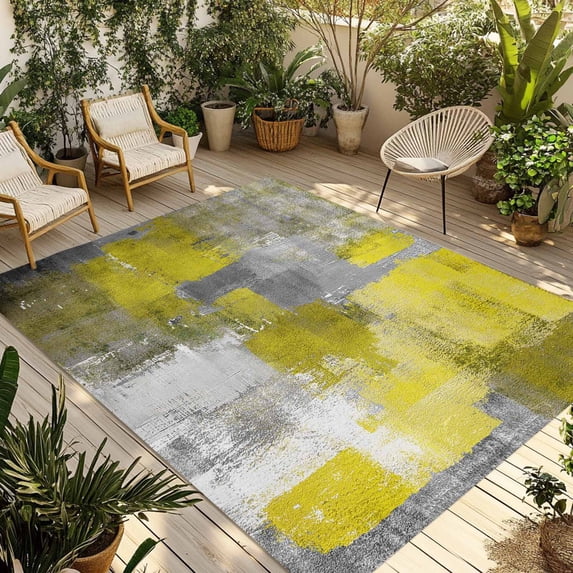 Yellow Grey Outdoor Rug 3x5 Ft - Reversible Patio Rug Outdoor Camping Rugs, Modern Oil Painted Abstract Art Aesthetics Washable Indoor Outdoor Area Rugs, Non-Slip Outdoor Carpet Runner for Deck/Porch