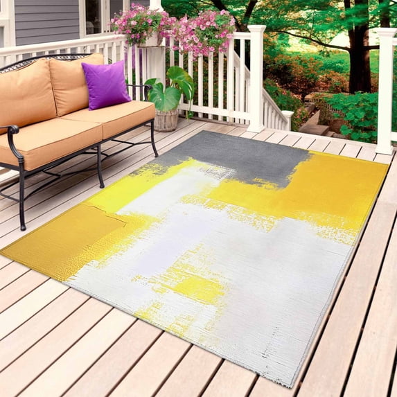 Yellow Grey Outdoor Rug for Patio/Deck/Porch, Non-Slip Large Area Rug 4 x 6 Ft, Abstract Oil Painted Modern Geometric Indoor Outdoor Rugs Washable Area Rugs, Reversible Camping Rug Carpet Runner