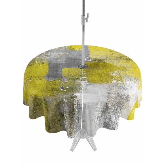 Yellow Grey Outdoor Tablecloth with Umbrella Hole, Abstract Art Oil Painting Modern Geometric Spillproof Waterproof Outdoor Table Cover, Patio Tablecloths for Party/Garden/Picnic, Round 54 inch