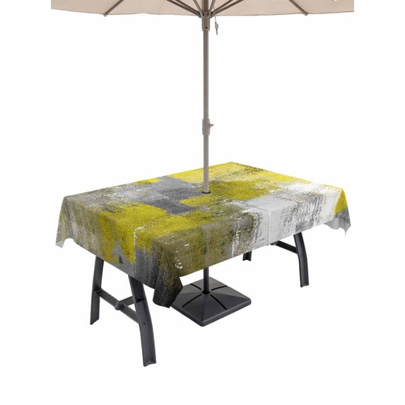 Yellow Grey Outdoor Tablecloth with Umbrella Hole, Abstract Art Oil Painting Modern Geometric Spillproof Waterproof Outdoor Table Cover, Patio Tablecloths for Party Picnic Camping, Rectangle 54"x80"