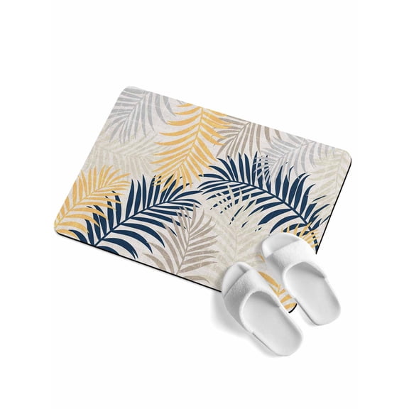 Yellow Grey Palm Leaves Soft Diatomaceous Earth Mat, Summer Botanical Vintage Tropical Leaf Rustic Absorbent Bath Mat Non Slip Rubber Backed Quick Dry Doormat Fit Under Door for Bathroom 16"x24"