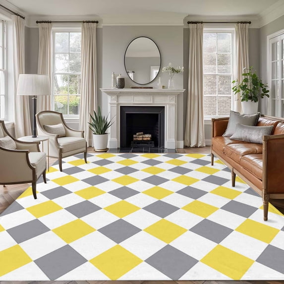 Yellow Grey Plaid Area Rugs 8'x10', Washable Small Throw Rugs for Living Room Patio, Modern Geometric Minimalist Checkered Indoor Outdoor Rug Non-Slip Low Pile Carpet Runner Reversible Floor Mats