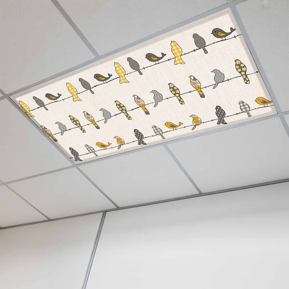 Yellow Grey Plaid Fluorescent Light Covers, Farmhouse Burlap Spring Floral Birds Magnetic Light Covers for Ceiling Lights, Fluorescent Ceiling Shade Filters for Classroom Bedroom Office 4x2Ft x 1PCS