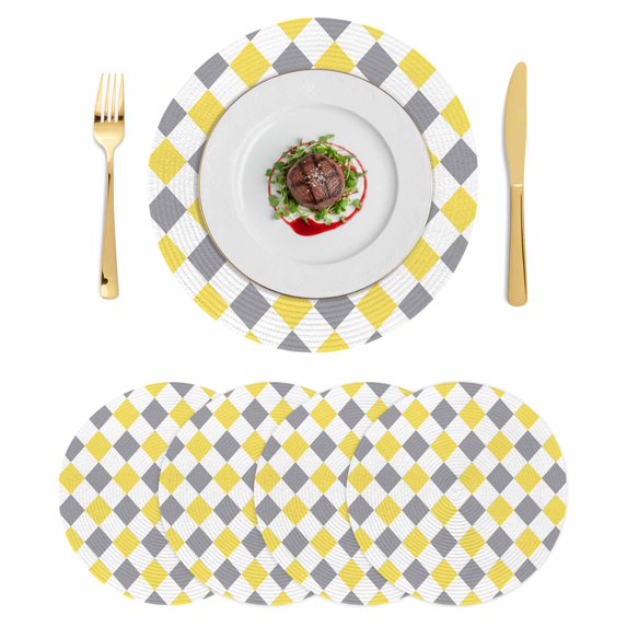 Yellow Grey Plaid Round 13 Inch Placemats Set of 4, Modern Geometric Minimalist Checkered HeatResistant Non Slip Place Mats for Dining Table, Wipeable Braided Kitchen Table Mats for Housewarming
