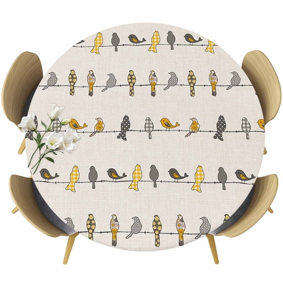Yellow Grey Plaid Table Cloth, Round Fitted Tablecloths with Elastic Edge, Farmhouse Burlap Spring Floral Birds Wipeable Waterproof Table Cover for Kitchen Wedding 45-54 Inches