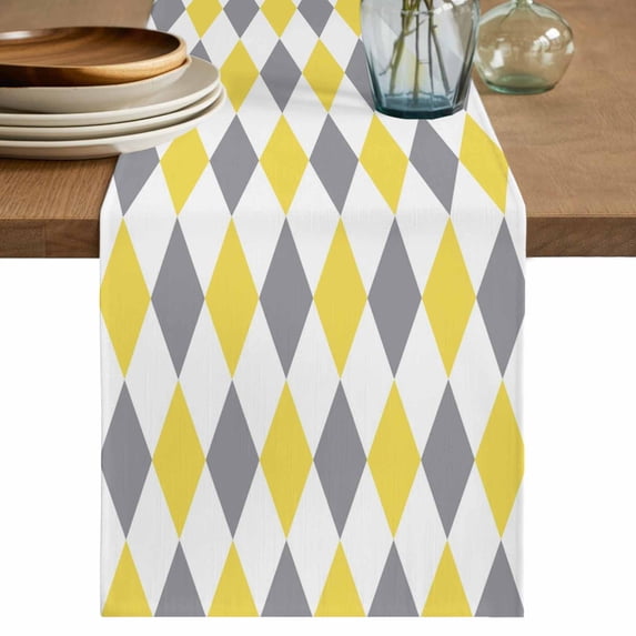 Yellow Grey Plaid Table Runner 108 Inches, Modern Geometric Minimalist Checkered Bed Runner Dresser Scarves Tabletop for Indoor Outdoor Parties/Ceremony/Banquet, 13"x 108"