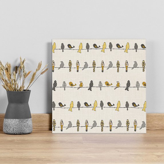 Yellow Grey Plaid Wall Art Painting on Canvas, Farmhouse Burlap Spring Floral Birds Canvas Art Home Prints Wall Art Framed Modern Artwork for Living Room Bedroom Wall Decor 20x20in