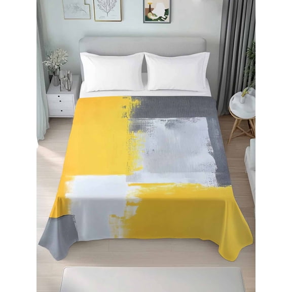 Yellow Grey Queen Size Flat Sheet, Wrinkleproof & Fadeproof Cooling Flat Bed Sheet Only, Abstract Street Graffiti Art Retro Painting Breathable Soft Bedding Top Sheets 90 x 102 Inches