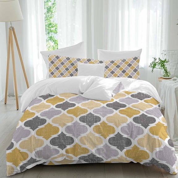 Yellow Grey Retro Moroccan Pattern Queen Size Bed Set,Abstract Geometric Art Bedding for All Seasons,4 Pcs Bed Set,1 Quiltcover (90"x92"),1 Sheet(94"x116"),2 Pillowcases (30"x20")