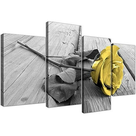 Yellow Grey Rose Flower Black White Floral Canvas - Split 4 Part - 51 Inches Wide,4 Panel Canvas Prints Artwork Modern Paintings