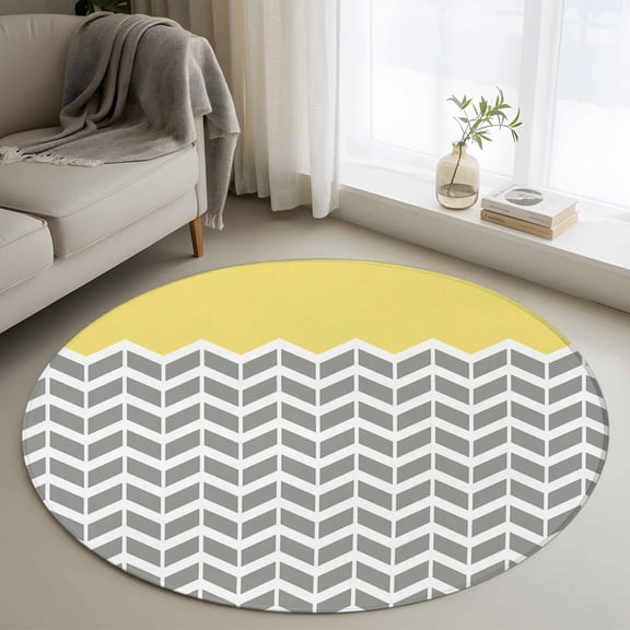 Yellow Grey Round Rugs for Living Room 3ft Herringbone Abstract Non Slip Circle Rug Washable Low-Profile Indoor Carpet for Bedroom, Dining Room, Bathroom