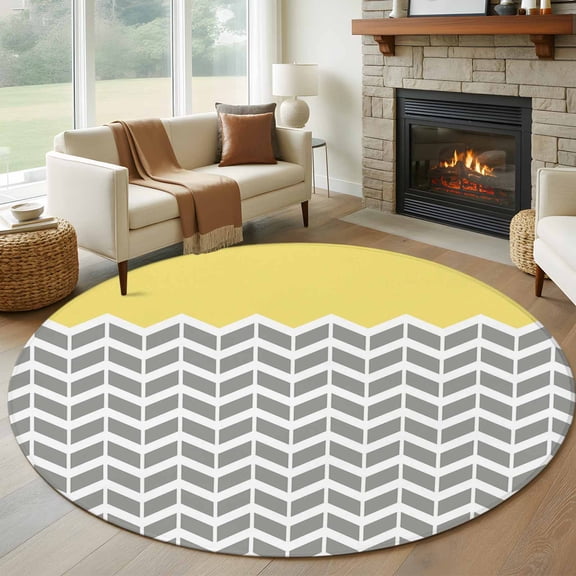 Yellow Grey Round Rugs for Living Room 5ft Herringbone Abstract Non Slip Circle Rug Washable Low-Profile Indoor Carpet for Bedroom, Dining Room, Bathroom