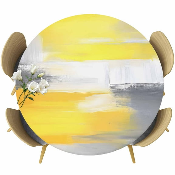 Yellow Grey Round Tablecloth 36-44 Inch Round Fitted Table Cloth with Elastic Edge, Modern Oil Painted Art Abstract Waterproof Table Cover Protector for Outdoor Picnic Party Dining