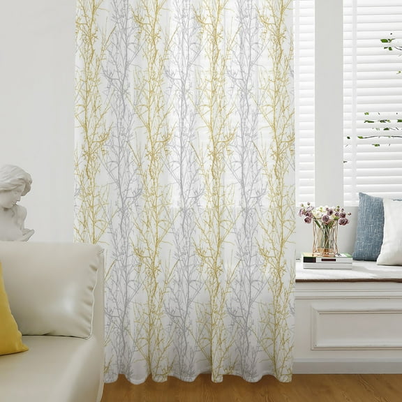 Yellow Grey Semi Sheer Curtains Drapes for Living Room, Bedroom, French Doors Window 45 Inches Long, Pastoral Botanical Branch Aesthetics Rod Pocket Chiffon Curtain Drapery Voile Draperies Panel
