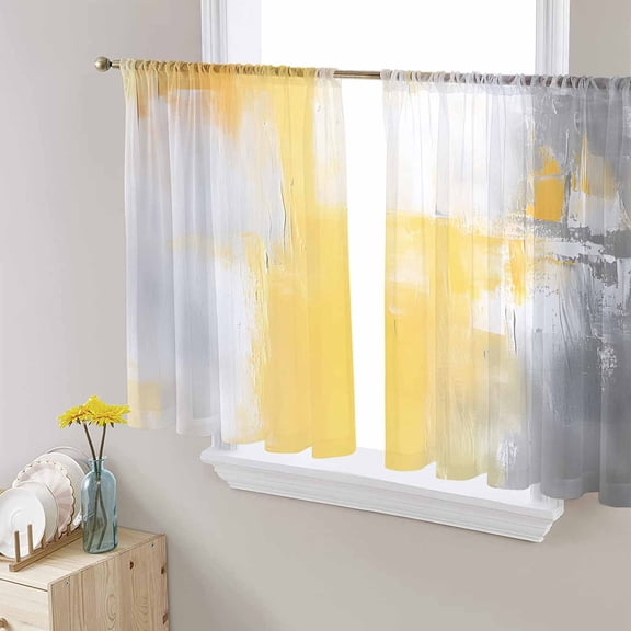Yellow Grey Sheer Curtains 45 Inch Length 2 Panels Set for Living Room/Bedroom, Contemporary Oil Painting Artwork Semi Curtain Sheers Drapes Rod Pocket Curtains Window Treatment Set 52''x45''x2