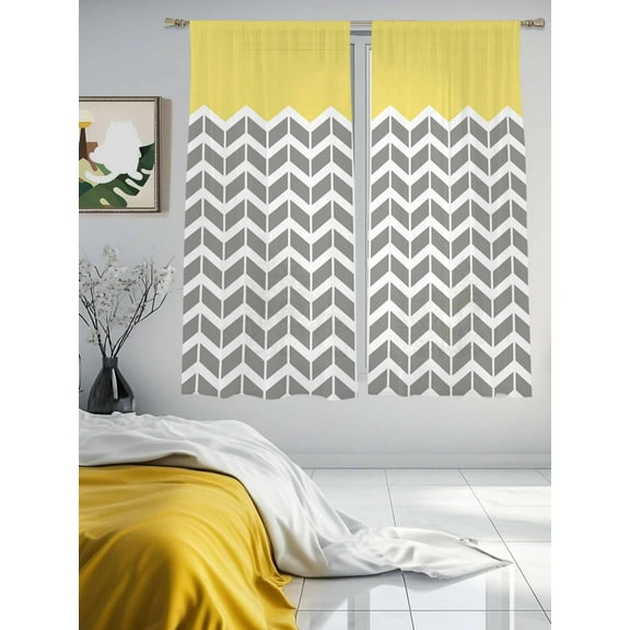 Yellow Grey Sheer Curtains 63 inches Long 2 Panels Set Herringbone Abstract Tiers Sheers Rod Pocket Small Window Short Curtains for Kitchen Cafe, Each 52" W x 63" L
