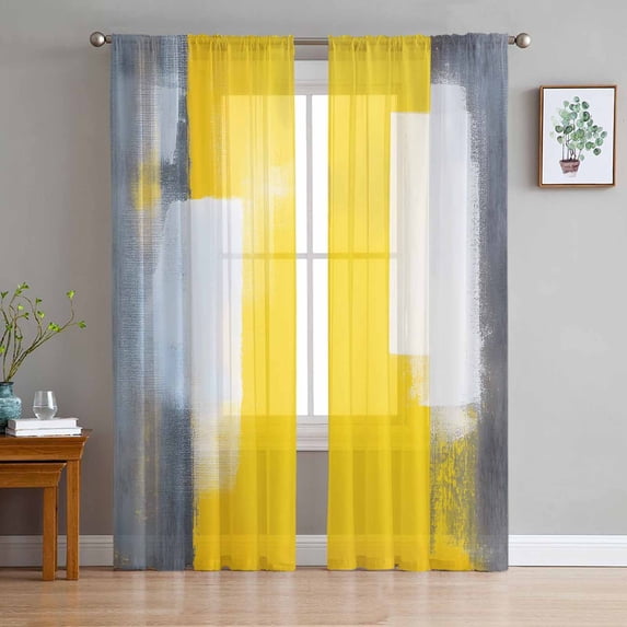 Yellow Grey Sheer Curtains 72 Inches Long 2 Panels Set, Window Sheer Curtains for Living Room/Bedroom, Oil Painted Modern Abstract Vintage Light Filtering Rod Pocket Curtain 52'' x 72'' x 2