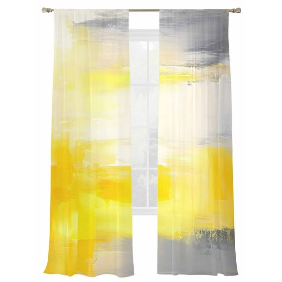 Yellow Grey Sheer Curtains 84 inches Long 2 Panels Set Abstract Art Mottled Oil Painted Contemporary Tiers Sheers Rod Pocket Small Window Short Curtains for Kitchen Cafe, Each 52" W x 84" L